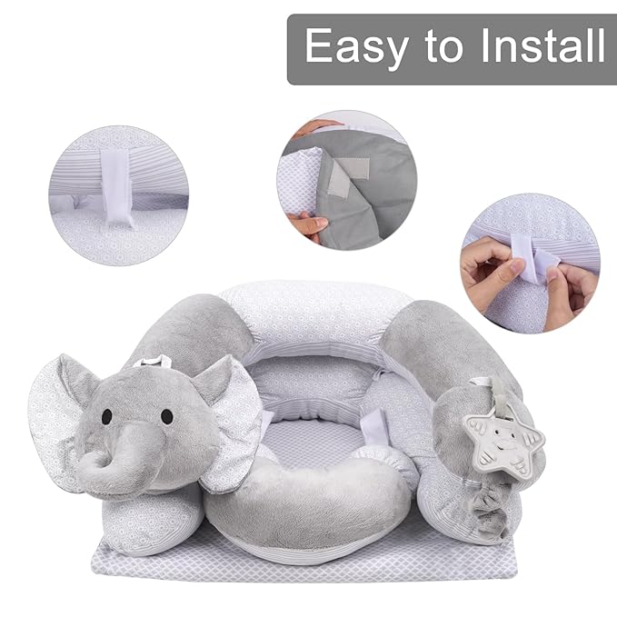 Lovvie & Joy 2-in-1 Tummy Time Mat & Seated Support Pillow,Baby Tummy Time Pillow Support for Newborns and Older Babies,with Detachable Support Pillow and Toys Elephant