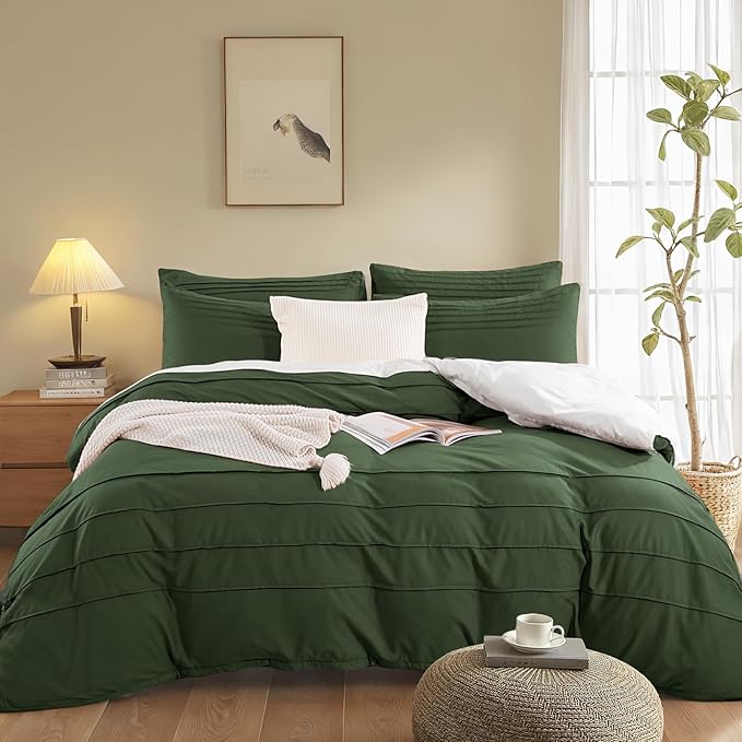 NEXHOME PRO 100% Washed Cotton Duvet Cover Twin,Linen Like Pleated Textured Olive Green Duvet Cover Set,2pc Organic Bedding Set with Zipper Closure,Soft,Lightweight Breathable(68"x90",No Comforter)