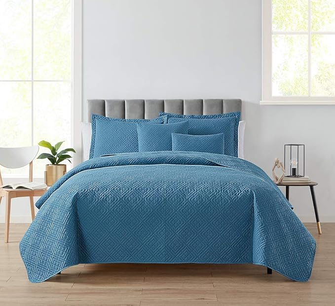 Hearth & Harbor Quilts Queen Size - All Season Bedspread Coverlet Set, Pinsonic Weave Lightweight Bedding Set - 7 Piece Queen Quilt Set with Pillow Shams, Diamond - Blue Heaven