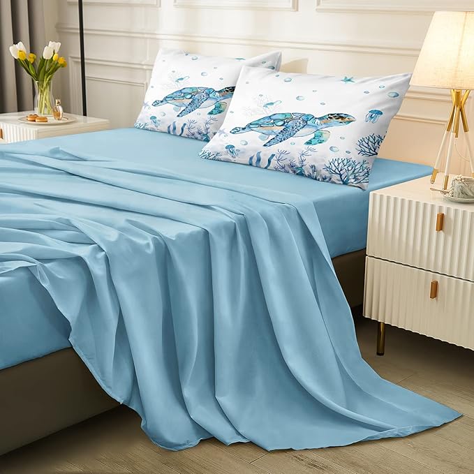 Sea Turtle Comforter 8 Pieces King Size Bed in a Bag Beach Ocean Bedding Sets with 1 Turtle Comforter, 1 Teal Blue Flat Sheet, 1 Fitted Sheet, 4 Pillowcases, 1 Cushion Cover(Sea Turtle, King)