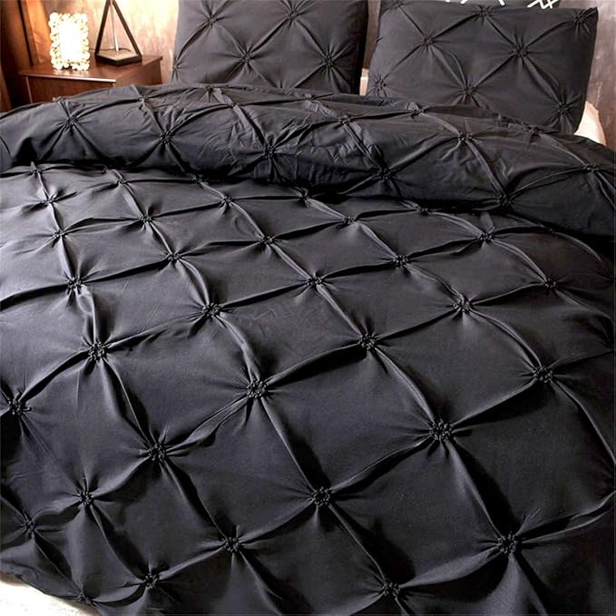 Feelyou Pinch Pleated Duvet Cover with Zipper Closure Pintuck Comforter Cover Set Twin Size Luxurious Pintuck Tufted Bedding Set Solid Black Microfiber Bedspread Cover with 1 Pillow Shams Soft