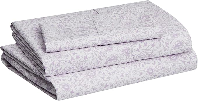 Amazon Basics Lightweight Super Soft Easy Care Wrinkle Free Microfiber 3 Piece Sheet Set with 14-Inch Deep Pockets, Twin, Lavender Paisley, Floral, Kids, Men & Women Bedding