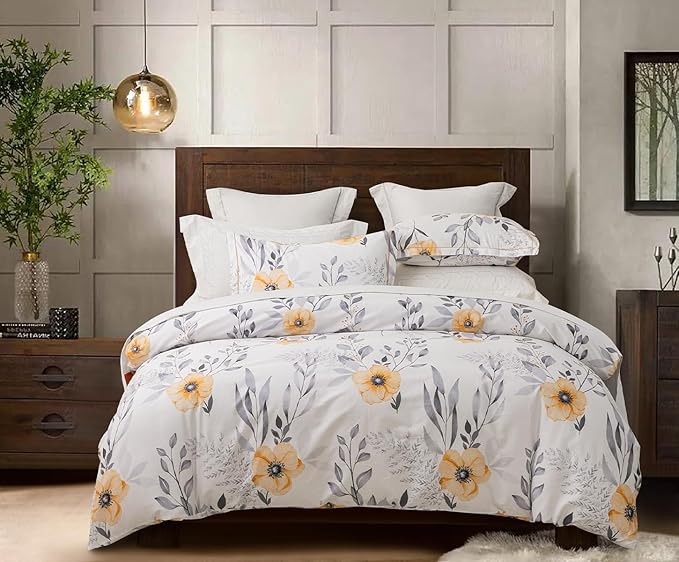 King Size Duvet Cover Set with Button Closure - Black and Yellow Botanical Luxury Bedding for a Comfortable Sleeping