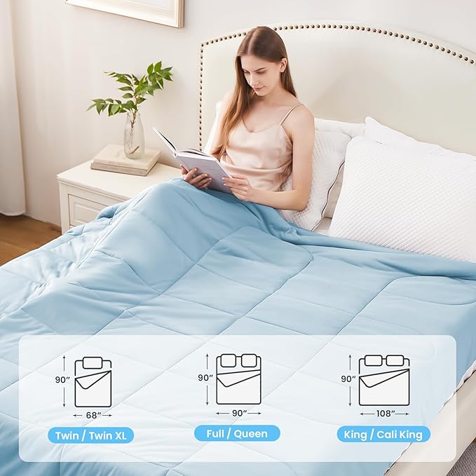 HYLEORY Cooling Comforter Twin Size - Summer Cooling Blanket for Hot Sleepers/Night Sweats, Double-Sided Cold Touch Silky Ice Comforters, Breathable Lightweight Beddings, Cool Blue, 68"x90"