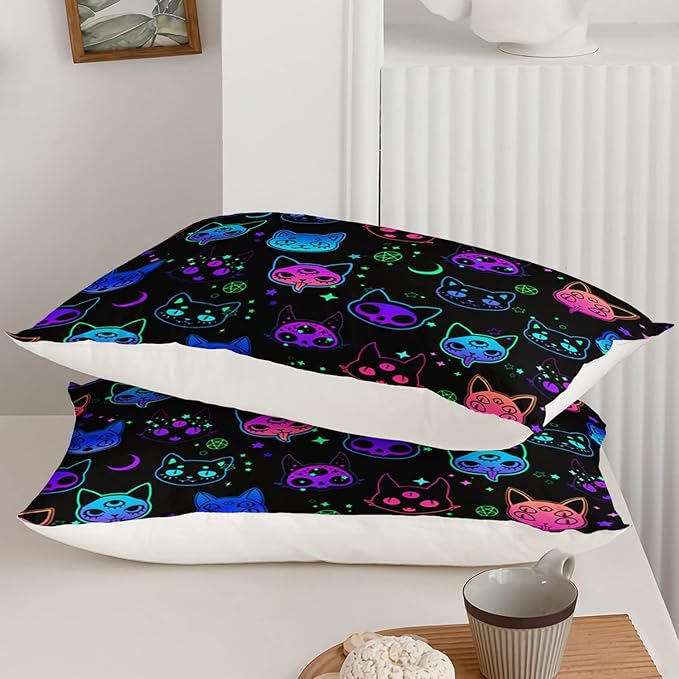 Axolotl Cat Comforter Set Twin,Kawaii Trippy Cat Moon Stars Bedding Set with 1 Comforter 2 Pillowcases for Kids Boys Girls Teens Adults Room Decor All Season,Colorful Neon Trippy Bed Set