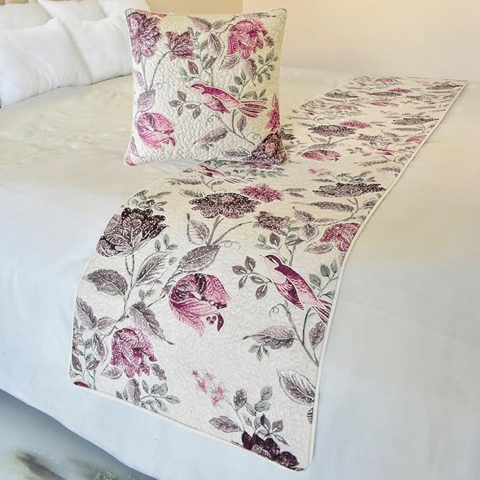 The HomeCentric King/Queen/Twin Pink Decorative CA King 86"x18" Bed Runner Without Pillow Cover, Quilted, Printed & Pearl Embroidery Bed Scarf on Cotton Fabric - Vintage Birdie