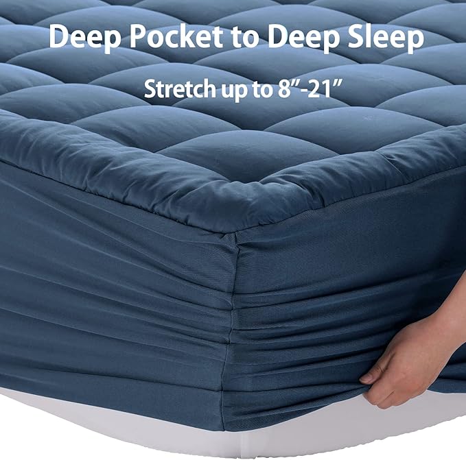 EASELAND Twin Size Mattress Pad Pillow Top Mattress Cover Quilted Fitted Mattress Protector Single 8-21" Deep Pocket Cooling Mattress Topper (39x75 Inches, Dark Blue)