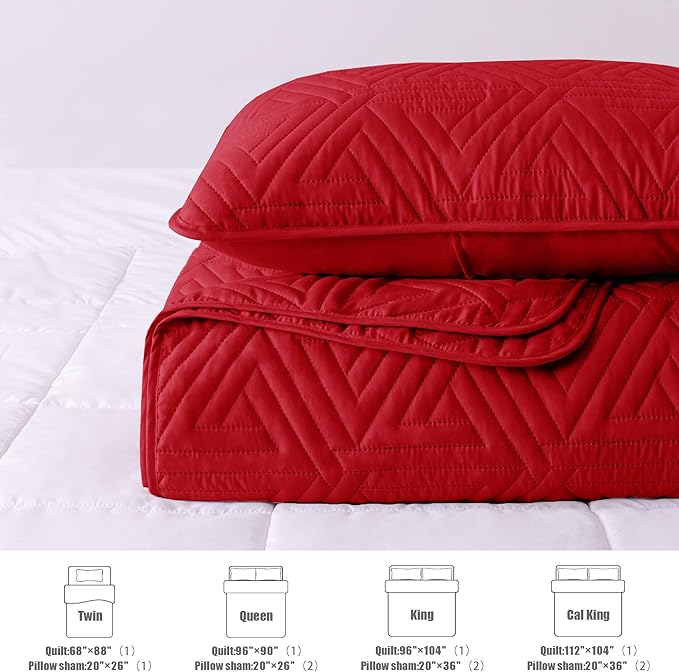 Whale Flotilla Soft Queen Size Quilt Set for All Seasons, 3-Piece Ultrasonic Geometric Quilts Bedding Set, Lightweight Reversible Bedspread, Coverlet, Bed Cover with 2 Pillow Shams, Red