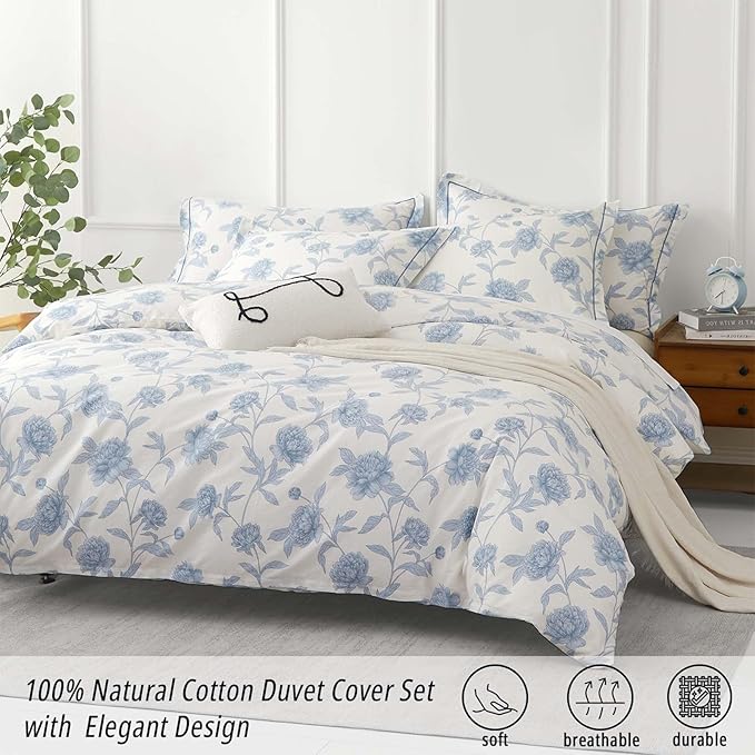 Elegant 100% Cotton Duvet Cover Queen Size - Soft Blue Peony Flowers on White, Vintage Bedding Set 3Pcs with Button Closure, 1 Duvet Cover 90"x90" and 2 Pillow Shams 20"x26"
