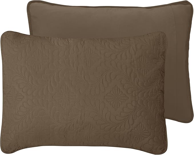 Easy-Going Full/Queen Size Reversible Quilt Set with 1 Quilt and 2 Pillow Shams, Soft Bed Quilt Cover, Water Resistant Lightweight Microfiber Bedspread, Stain Resistant, Olive Leaf-Camel/Ivory