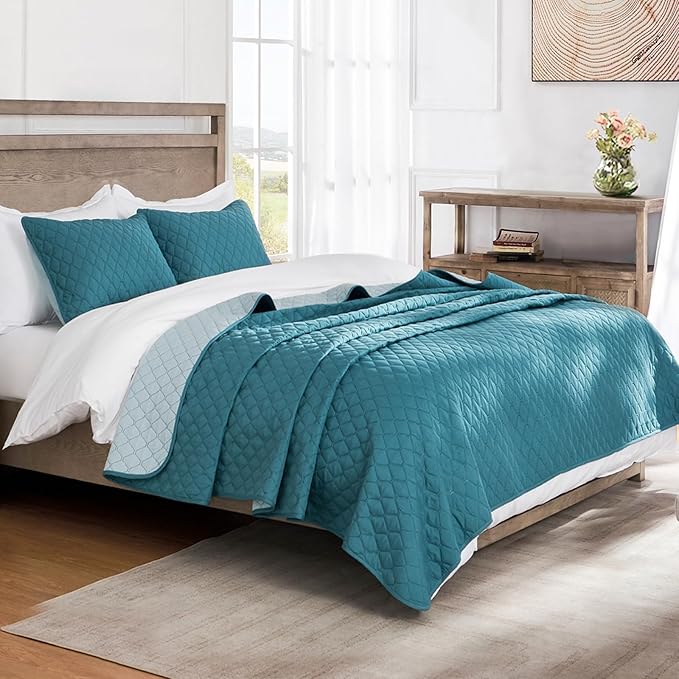 Exclusivo Mezcla Reversible Twin Quilt Bedding Set with Pillow Sham, Lightweight Quilts Twin Size, Soft Bedspreads Bed Coverlets for All Seasons - (Dusty Teal, 68"x88")
