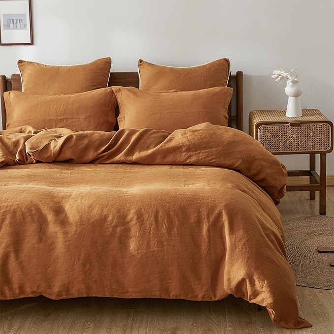 Simple&Opulence 100% Linen Duvet Cover Set, 3 PCS Natural French Flax Rust Duvet Cover California King Size, Breathable Soft Comfy Linen Bedding Comforter Cover with 2 Pillowcases(Rust, 104"x98")
