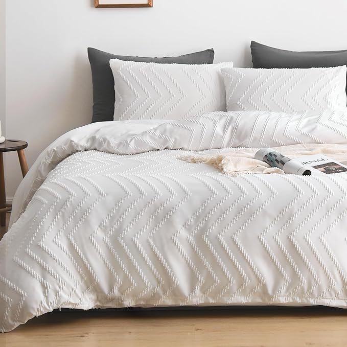 WARMDERN Boho Duvet Cover Set, Tufted Bedding Duvet Covers Soft Washed Microfiber Duvet Cover Twin Size, 2 Pieces Embroidery Shabby Chic Duvet Cover with Zipper Closure(White, Twin)
