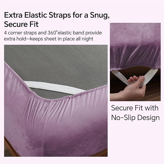 BEDELITE Velvet Fitted Sheet and Pillowcases Set, Luxury Soft Fuzzy Bottom Sheet with Reinforced Elastic Corner Straps, Deep Pocket up to 15 Inch, 1 Fitted Sheet and 2 Pillowcases (Full, Lavender)