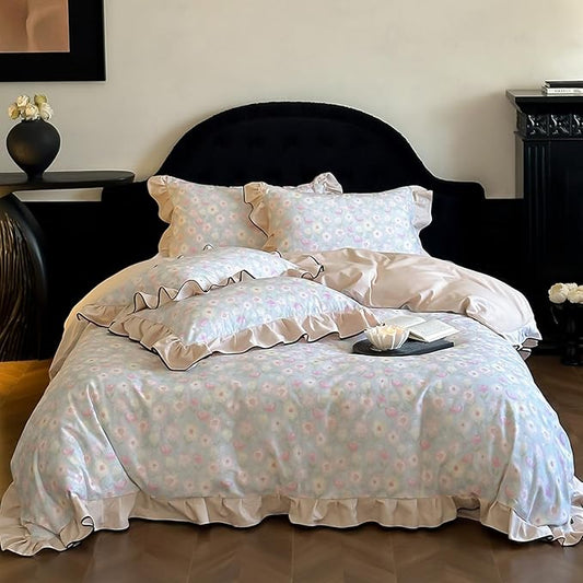 HighBuy Aesthetic Ruffle Floral Duvet Cover Set King,100% Brushed Cotton Soft Durable Reversible Coquette Ruffle Bedding Set,Pink White Floral Bedding Set,Duvet Cover with 2 Pillowcases