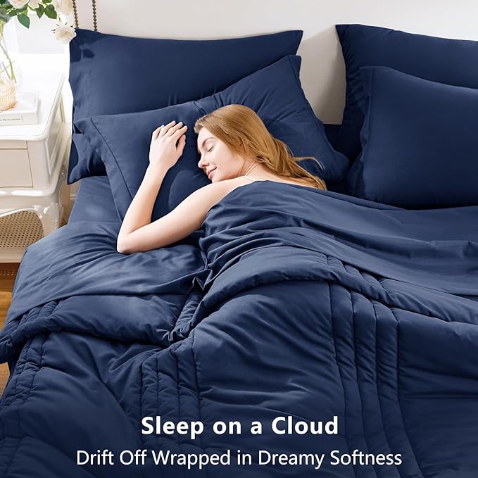 CozyLux Oversized King Comforter Set - 7 Pieces Bed in a Bag Navy Blue Comforter Set with Sheets All Seasons Bed Set, Soft Bedding Set with Down Alternative Comforter, Sheets, Pillowcases & Shams