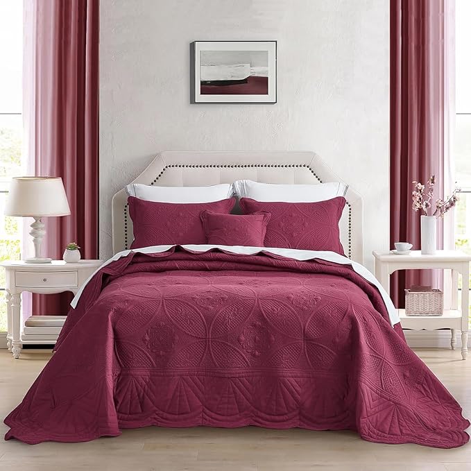 Oversized Bedspread - Queen Size Bedding Cover - Modern & Contemporary Coverlet Set, Real Stitching, Reversible, Lightweight, 4 Piece, Burgundy