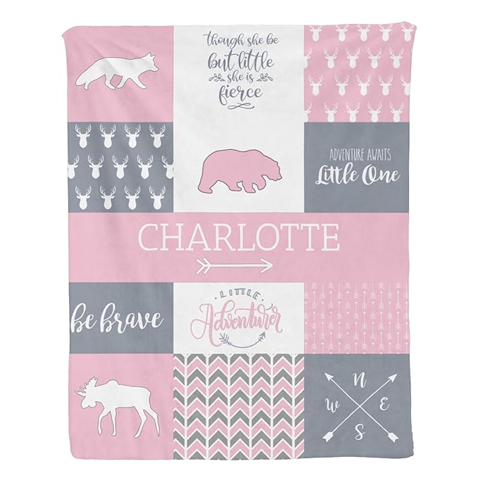 Custom Micro Fleece Baby Blanket for Girls with Double Layer and Soothing Raised Dots, Breathable and Soft Lightweight Receiving Blanket for Newborns, 35x45 Inches, Woodland Bear, Baby Pink