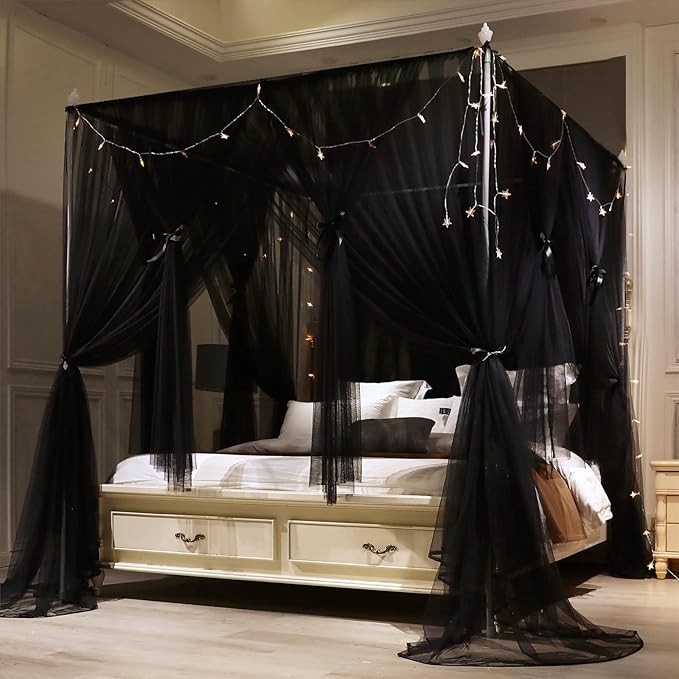 VETHIN 4 Corners Post Princess Bed Canopy Curtain Double Layer Cozy Drape Netting 4 Opening Mosquito Net for Girls & Adults Bedroom Decoration Accessories (Double Black, 59" W*82" L*82"*H/(Queen))