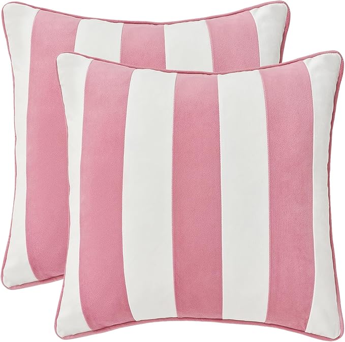 MONDAY MOOSE Decorative Throw Pillow Covers Cushion Cases, Set of 2 Soft Velvet Striped Piping Edge Designs, Pillow Inserts Not Included (18x18 inch, Light Pink/White)