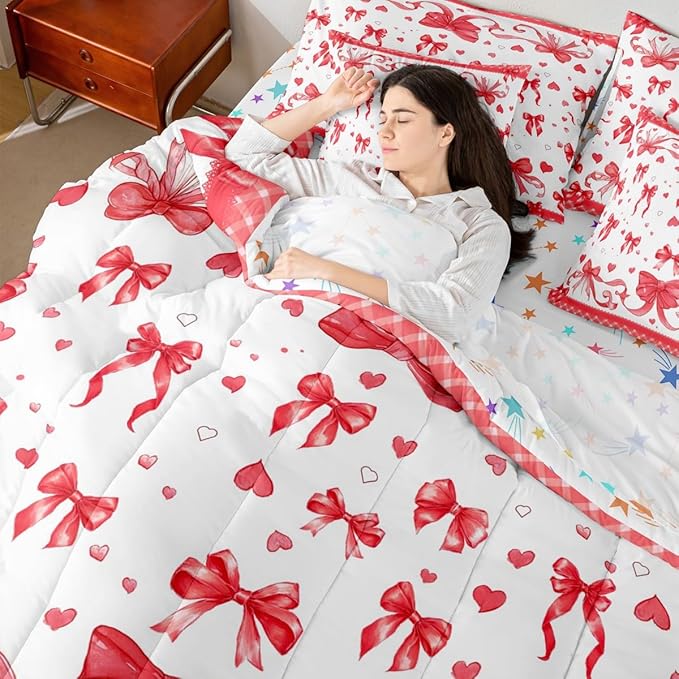 Feelyou Bowknot Comforter Set with Sheets 7 Piece Queen Size Dreamy Princess Bedding Set for Kids Boys Girls Cute Bow Bed in a Bag Love Hearts Room Decor Soft Lightweight Microfiber