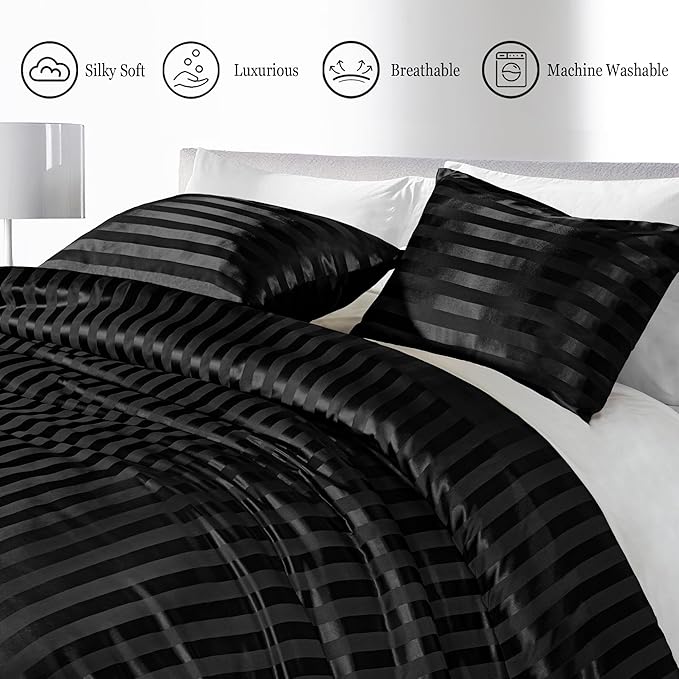 Whale Flotilla 2-Piece Reversible Silky Soft Twin Size Comforter Set, Luxury Stripe Satin Comforter Bedding Set with Satin Pillowcase, Lightweight Duvet for All Seasons, Black