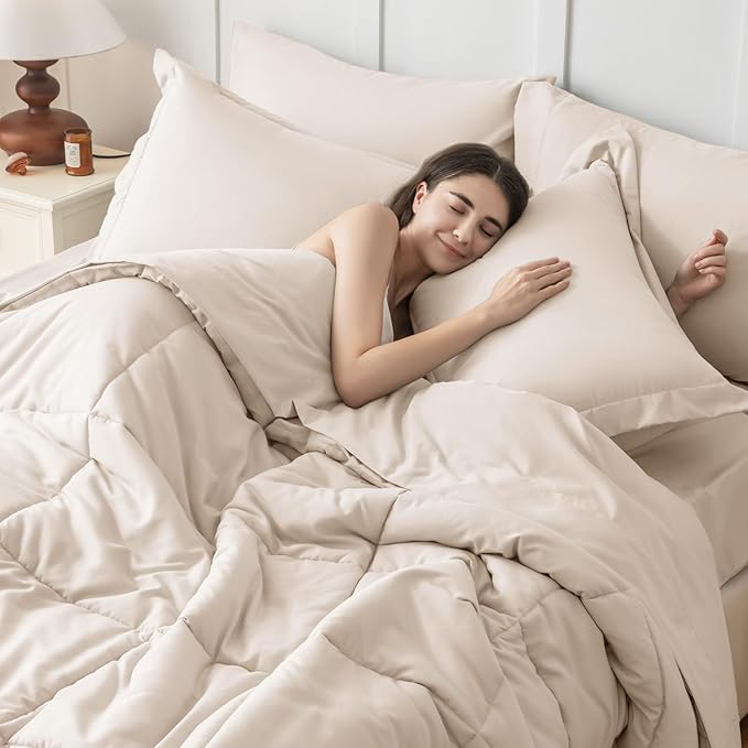 JOLLYVOGUE Oversized King Comforter Set, Ultra-Soft Bed in a Bag Oversized King Size 7 Pieces, Oeko-TEX Certified Bedding Set with Down Alternative Comforter, Sheets, Pillowcases & Shams, Beige