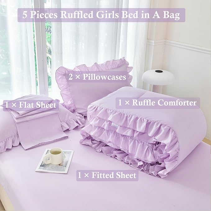 ANGIYUIN 5Pcs Purple Girls Comforter Set Full Size Ruffle Bedding Sets Lavender Farmhouse Kids Bed Sets Soft Lightweight Bed in A Bag with Sheet Sets(Purple Full)
