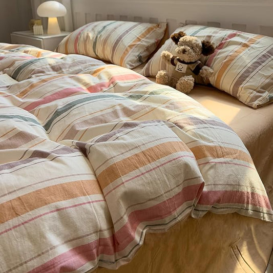 mixinni Vintage Striped Duvet Cover Set Twin Size, 3-Piece 100% Washed Cotton Bedding Set - Soft & Breathable Colorful Comforter Cover with Zipper, All-Season Lightweight Bed Set for Cozy Home