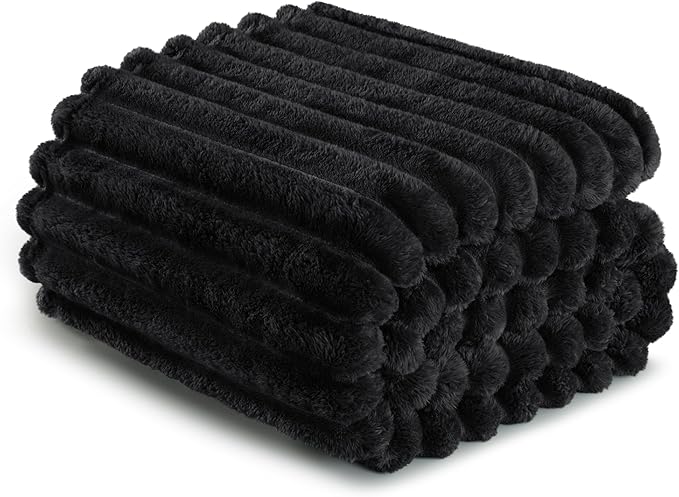 Exclusivo Mezcla Twin Size Flannel Fleece Blanket, Super Soft Striped Jacquard Bed Blanket, Lightweight Fuzzy Cozy for All Seasons, 60x80 Inches, Black