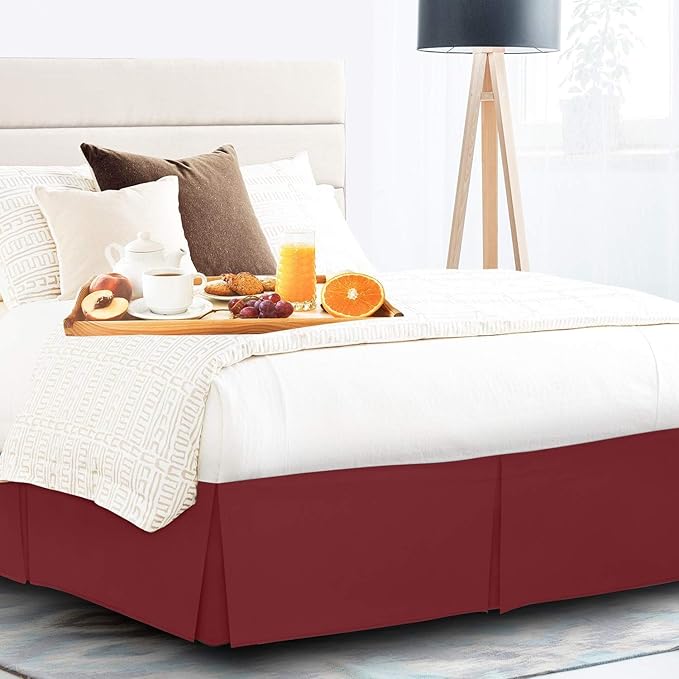 Pleated Bed Skirt 15 Inch Drop Queen Size – Wrinkle-Free Microfiber – Dust Ruffle with Split Corners Burgundy