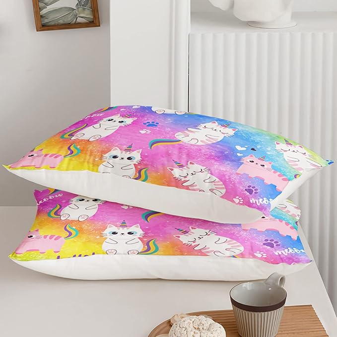 Axolotl Cat Bedding Queen Cartoon Cat Comforter Set,Rainbow Printed Kids Bedding Set for Girls Kids Adults Teens,Kids Comforter Set All Season,1 Quilt 2 Pillow Cases,Colorful Pink Blue