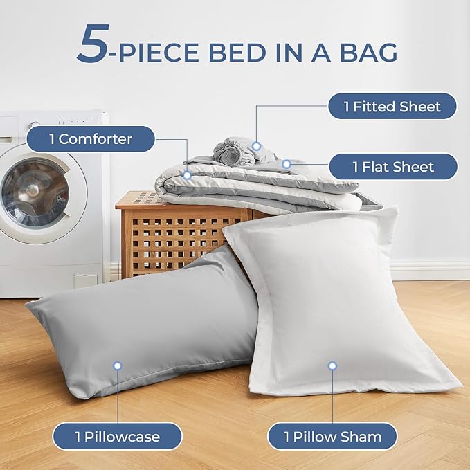 Sasttie Twin XL Comforter Set, 5 Pieces Reversible Twin XL Bed in a Bag, Complete Bedding Set Includes Comforter, Flat Sheet, Fitted Sheet, Pillowcase and Pillow Sham, Ivory & Light Grey