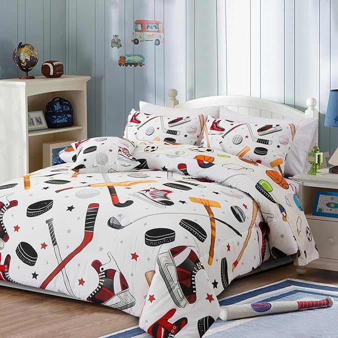 A Nice Night 6Pcs Full Sports Bedding Set for Boys, Full Comforter with Ice Skates, Baseball Bat & Hockey Design(White)