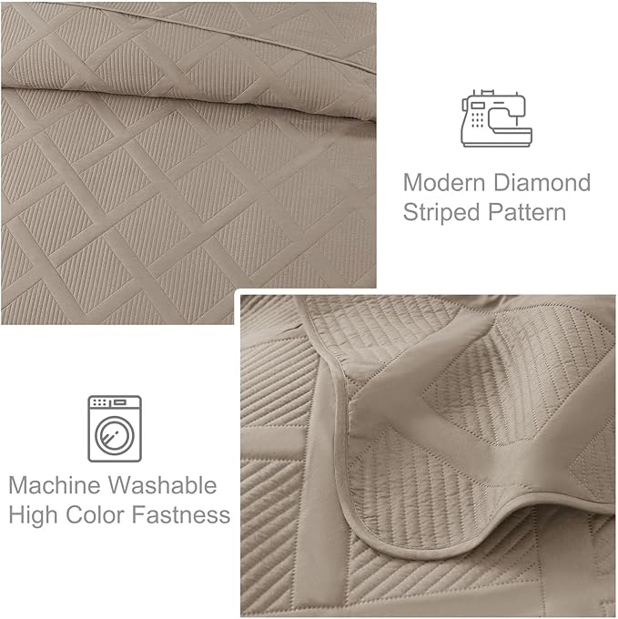 Exclusivo Mezcla King Size Quilt Set with Modern Striped Pattern, 3 Pieces Summer Lightweight Taupe Quilts Bedding Set, Soft Bedspreads Coverlets for All Seasons