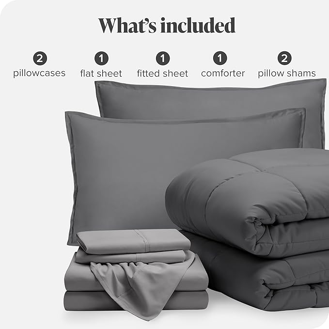 Bare Home Bed-in-A-Bag 7 Piece Comforter & Sheet Set - Full - Goose Down Alternative - Ultra-Soft 1800 Premium - Bedding Set (Full, Grey/Light Grey)