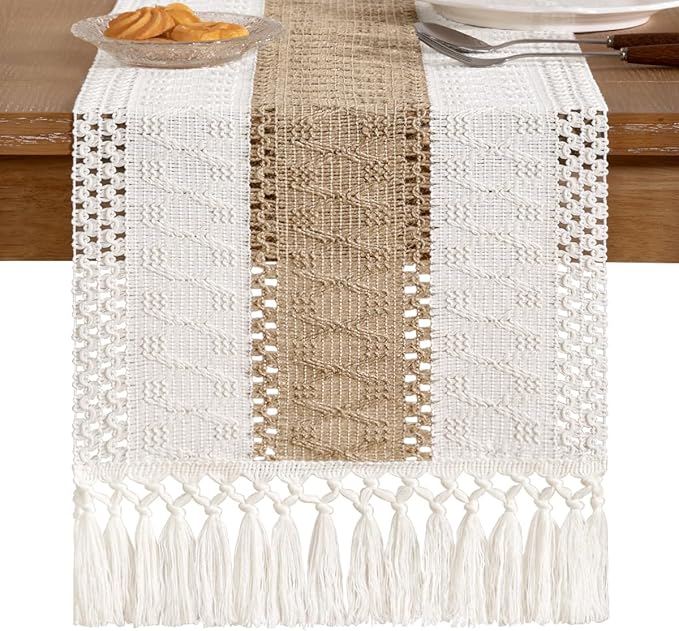 Socomi Boho Table Runner Easter Spring Farmhouse Rustic Dining Kitchen Centerpiece Decor Small Macrame Woven Cotton Linen Coffee Table Runner for Dresser Scarf Home Decor 12x60 inch
