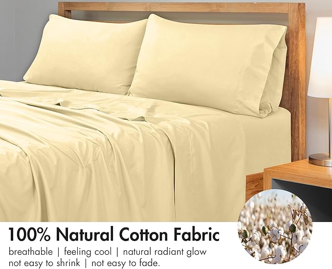 Royale Linens 300 Thread Count 100% Long Staple Combed Cotton Flat Sheet - Super Soft - Top Sheets - Full Flat Sheet Sold Separately - Breathable, Cool & Crisp Percale Sheets Only (Full, Light Yellow)