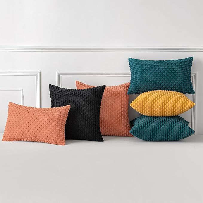 MIULEE Pack of 2 Decorative Lumbar Throw Pillow Covers 12x20 Inch Soft Boho Striped Textured Corduroy Pillow Covers Modern Farmhouse Home Decor for Couch Bed Sofa Living Room Teal Blue