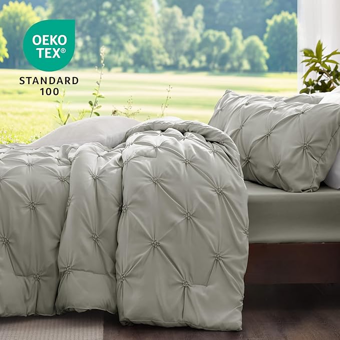 BEDELITE Grey Queen Comforter Set - 3 Pieces Boho Pintuck Bedding Comforter Sets, Lightweight Soft & Warm Bed Comforter Queen with 2 Pillowcases for All Season