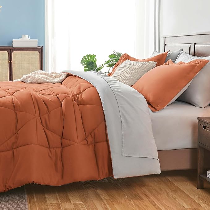BEDELITE Twin Comforter Set 5 Pieces Bed in A Bag - Soft Microfiber Reversible Burnt Orange Bed Set with Comforters, Sheets, Pillowcase & Sham, Cozy Luxury Bedding Sets for All Season