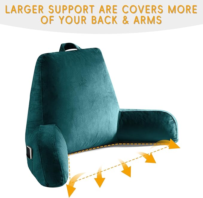 Reading Pillow for Sitting in Bed Adult, Reading Pillow with Shredded Memory Foam, Bed Pillow with Washable Cover, Back Pillow Sitting Up with Extend Arms, Prussian Blue, X-Large