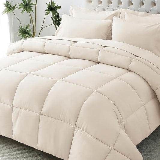 JOLLYVOGUE Oversized Queen Comforter Set, Ultra-Soft Bed in a Bag Oversized Queen Size 7 Pieces, Oeko-TEX Certified Bedding Set with Down Alternative Comforter, Sheets, Pillowcases & Shams, Beige