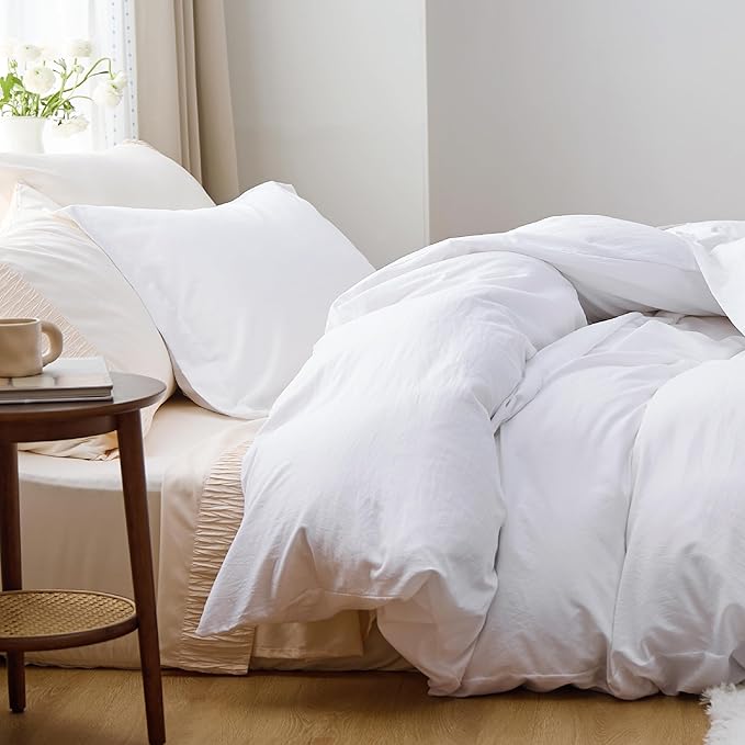 Bedsure Bright White Duvet Cover Full Size - 3 Pieces Prewashed Extra Soft Cotton-Like Polyester Bedding Set, Includes 1 Duvet Cover 80x90 Inches with Zipper Closure & 2 Pillow Shams, No Comforter