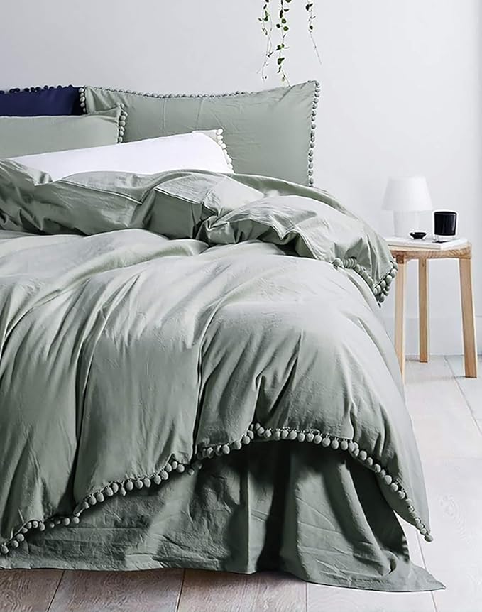 TanNicoor Pom Fringe Duvet Cover Set - 2 Piece Natural Ultra SOFE Color Washed Microfiber Bedding Set, Modern Style Down Comforter Quilt Cover with Zipper Closure(Full, Green)