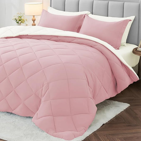 MUXHOMO 7 Pieces California King Comforter Set, Reversible Bed in a Bag Cal King Size, All Season Bedding Set with Comforter, Flat Sheet, Fitted Sheet, Pillowcases & Shams, Light Pink & Ivory