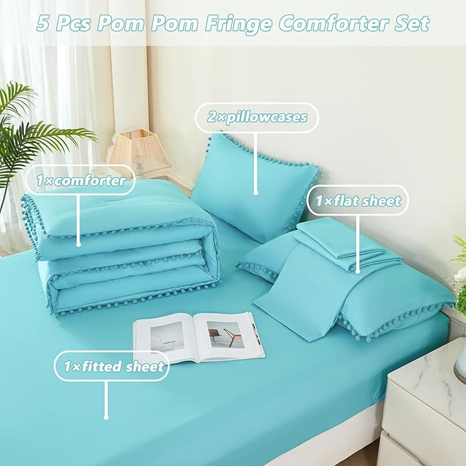 PERFEMET 5 Pcs Teal Blue Girls Bedding Set Queen Size Boho Pom Pom Cute Bedding Comforters for Kids Soft Fluffy Down Alternative Solid Bed in A Bag with Sheet Set(Teal Blue, Queen)