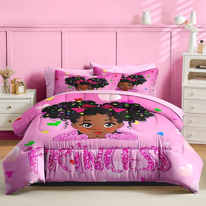 Nesker 7 Pcs Comforter Set Full Size, Pink Princess Bedding for Kids Teen, Cute Fairy Fantasy Girl with Fitted Sheet 2 Pillowcases & 2 Shams for Bedroom Bed Decor