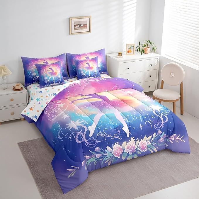 Feelyou Kids Ballet Dancer Comforter Set with Sheets Queen Size, Ballerina 7 Pieces Bedding Set Boys Girls Dreamy Princess Bed in A Bag Dancing Teens Bed Set Bedroom Decor 7Pcs