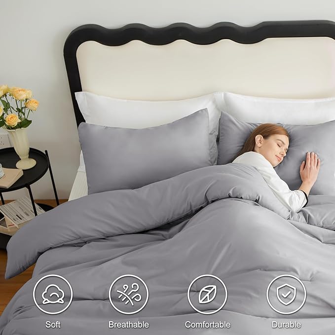 CozyLux Full Size Comforter Set Grey, 3 Pieces Solid Breathable Quilted Style Bedding Sets, Gray Luxury Fluffy Soft Bed Set with Down Alternative Comforter for All Season (1 Comforter & 2 Pillowcases)